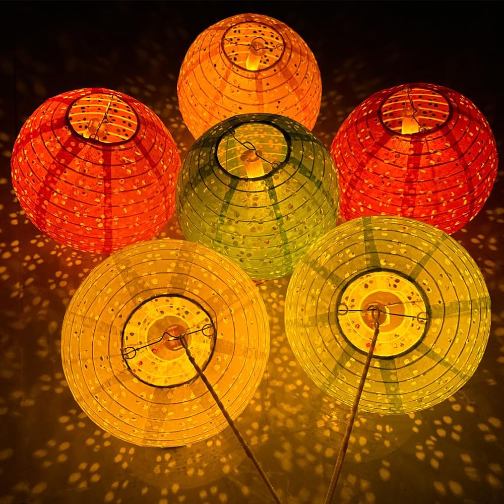 12 Piece Hanging Paper Lanterns with LED Lights and Tassels