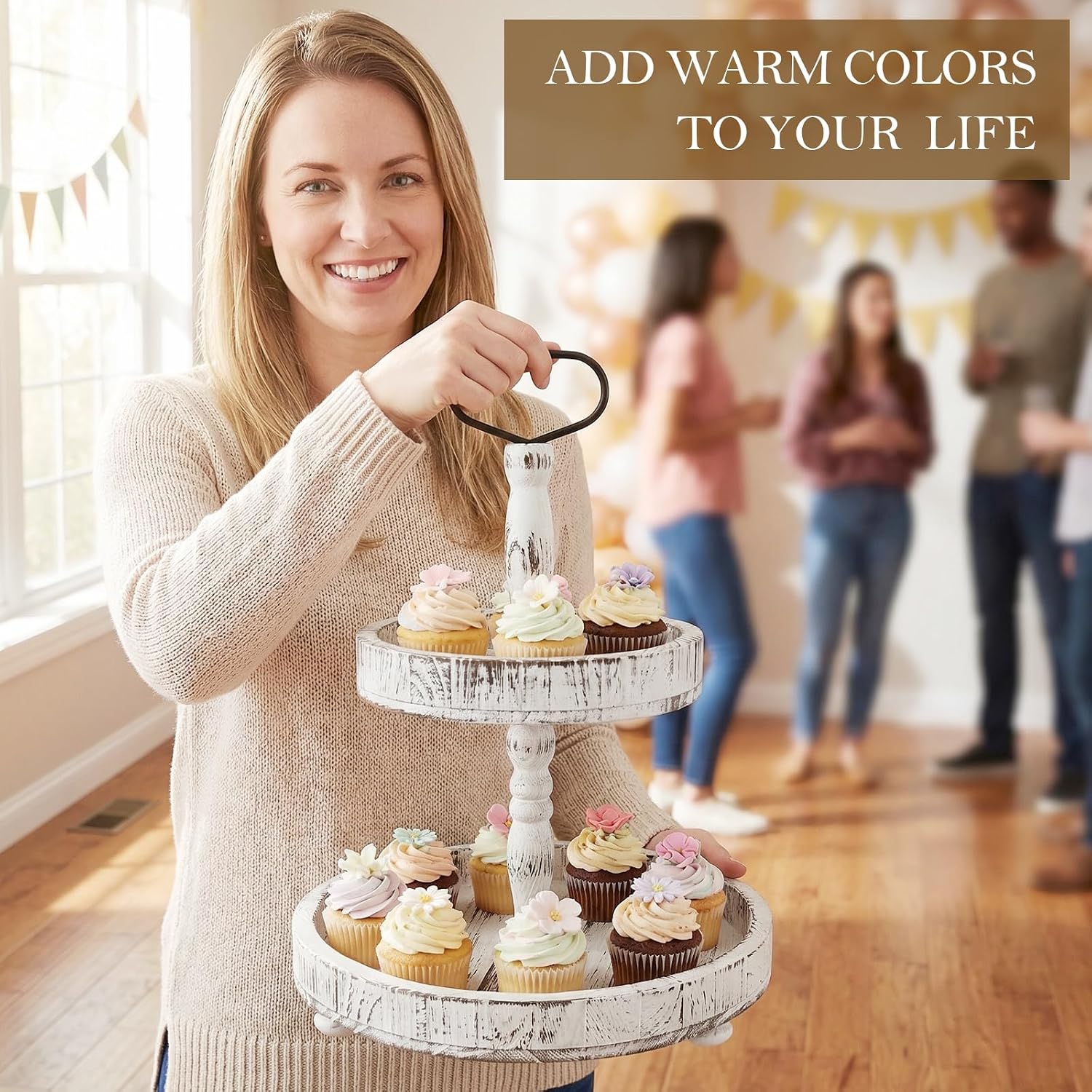 2 Tier Rustic Wooden Serving Tray, 18.5 x 12.5 Inch