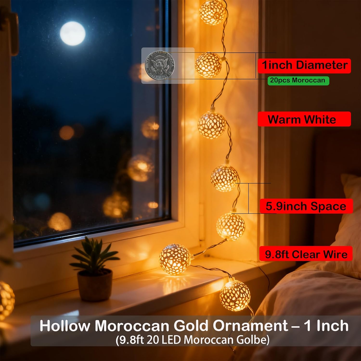 20 LED Gold Lantern Fairy String Lights, 9.8 ft, USB and Battery
