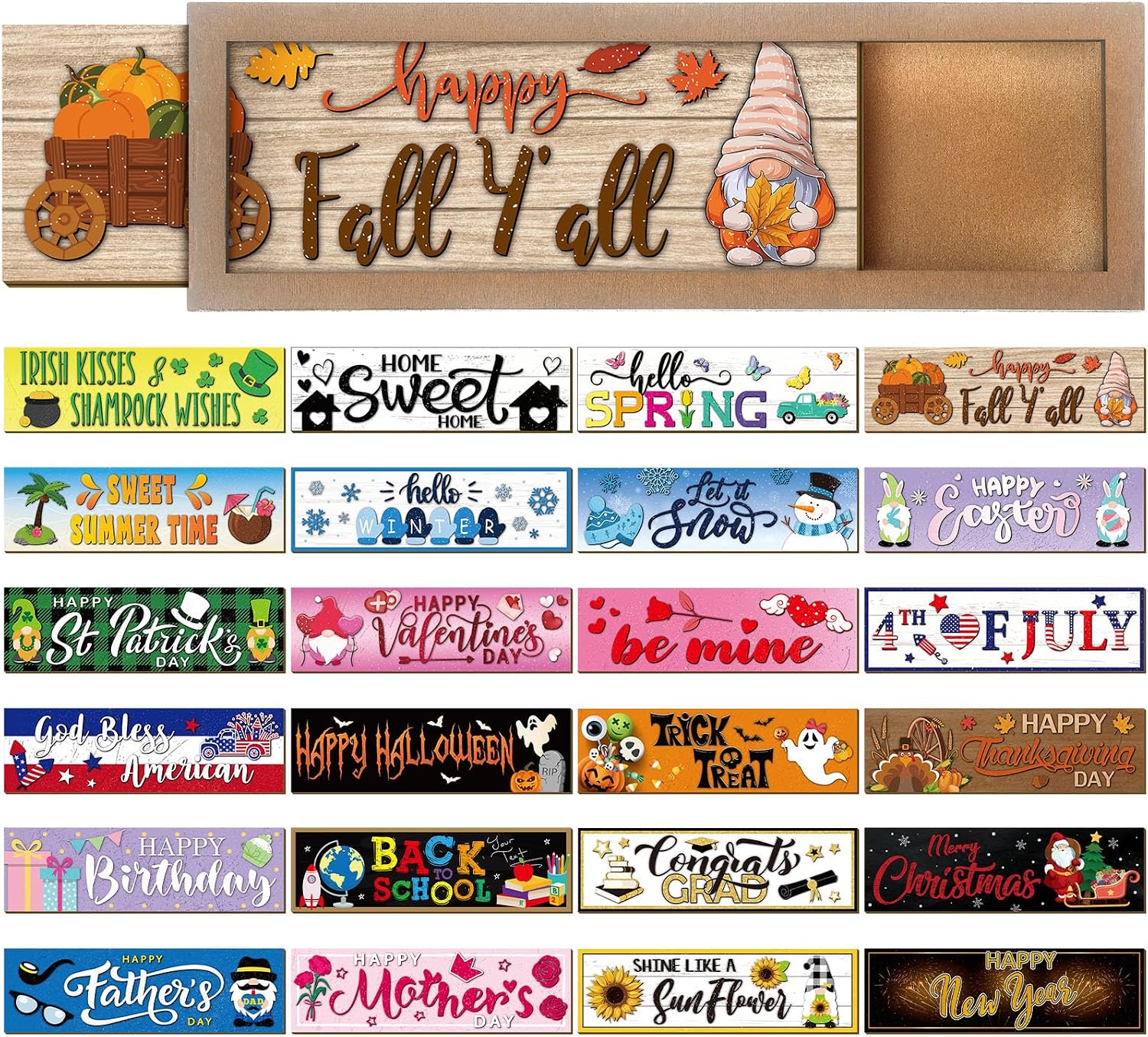 25 Piece Interchangeable Seasonal Wood Sign Set with Frame