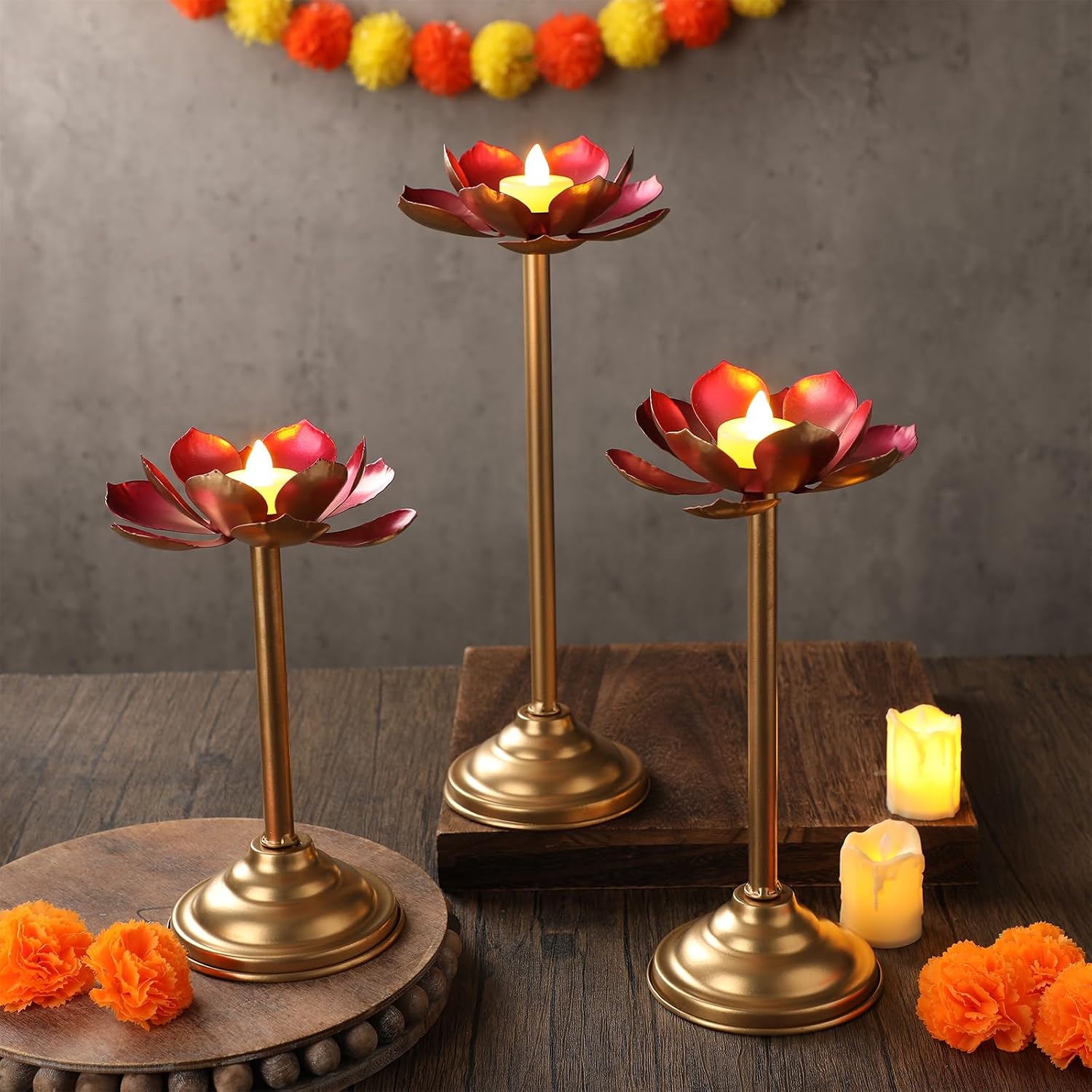 3 Piece Lotus Shaped Metal Diya Tealight Holder for Pooja
