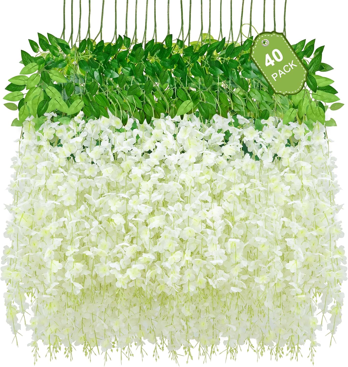 40 Pack Hanging Wisteria Flowers in White, Artificial Vines for Walls