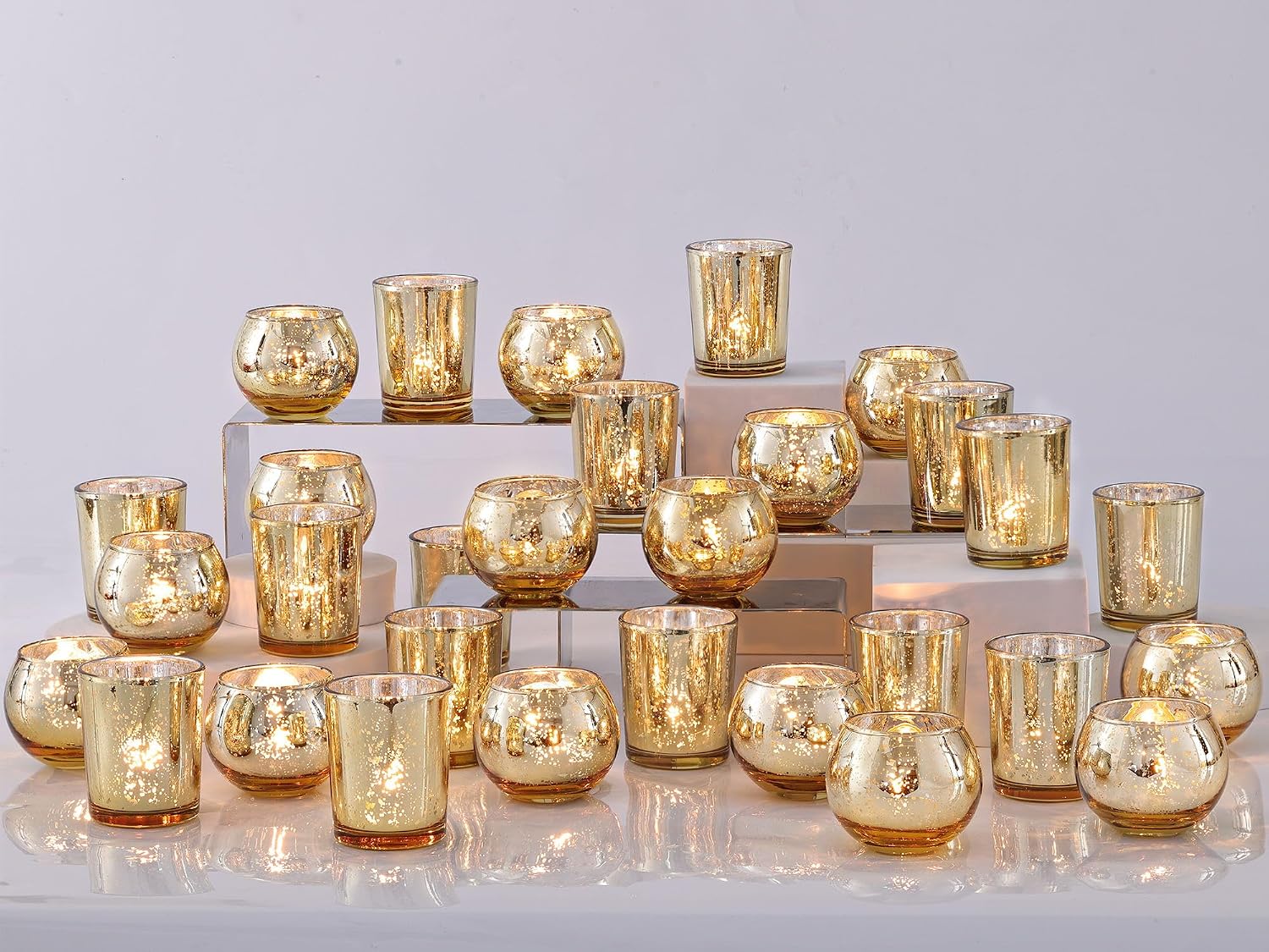 48 Piece Assorted Gold Mercury Glass Votive Candle Holders