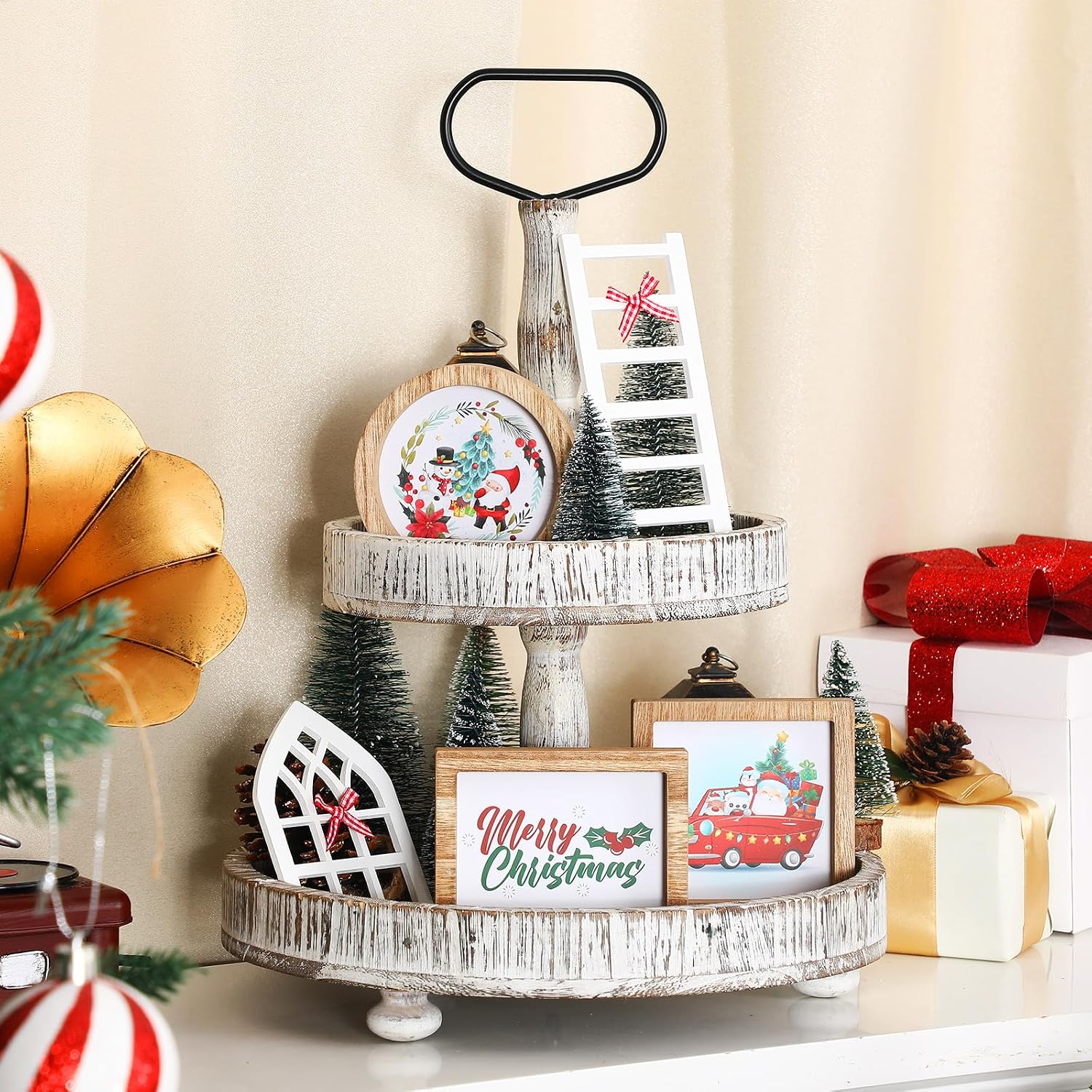48 Piece Interchangeable Tiered Tray Decor Set with Wood Frames