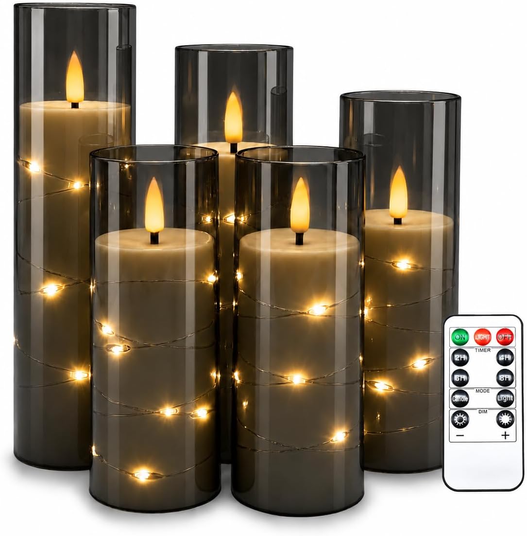 5 Pack Grey Acrylic Flameless Taper Candles with Fairy String Lights