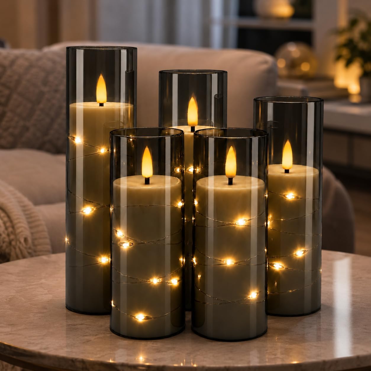 5 Pack Grey Acrylic Flameless Taper Candles with Fairy String Lights