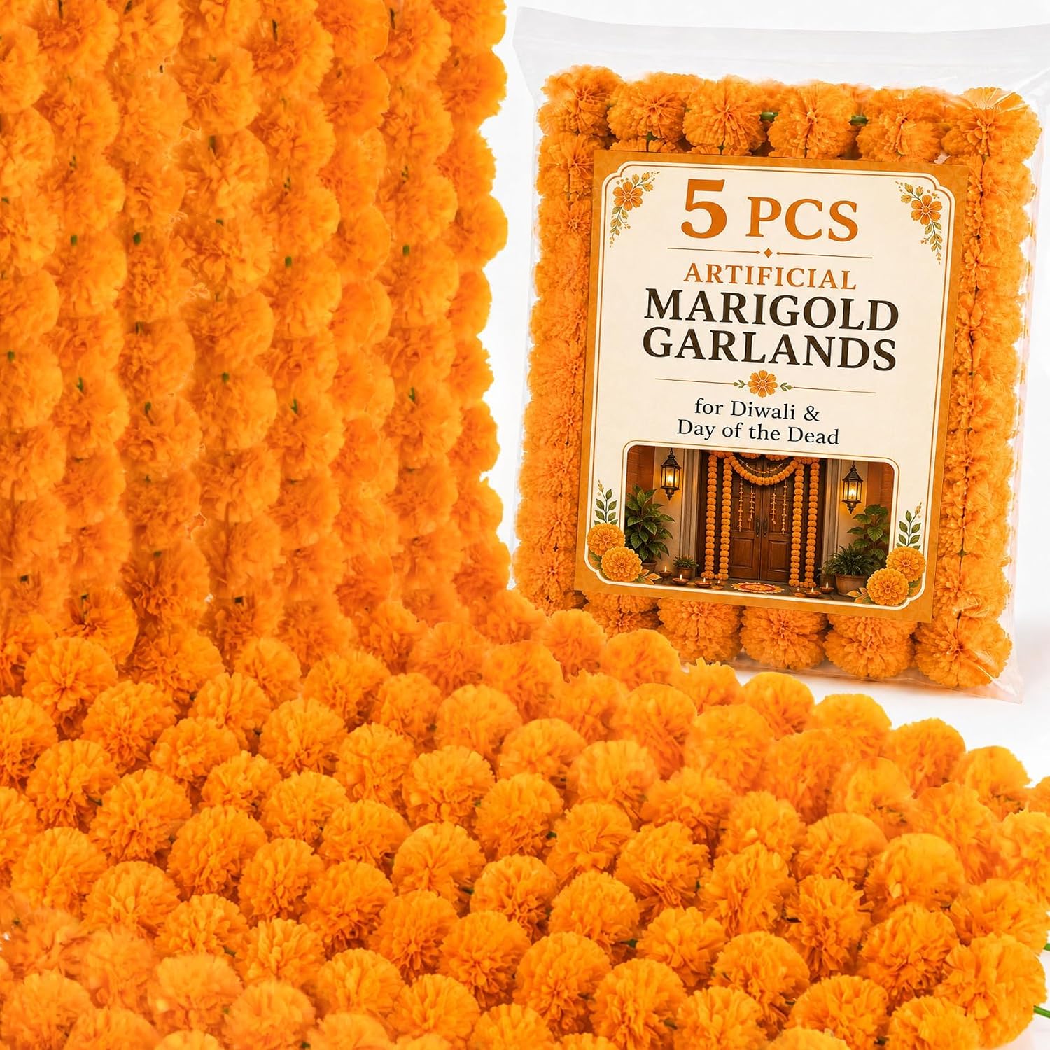 5 Piece Artificial Marigold Garland in Light Orange, Waterproof