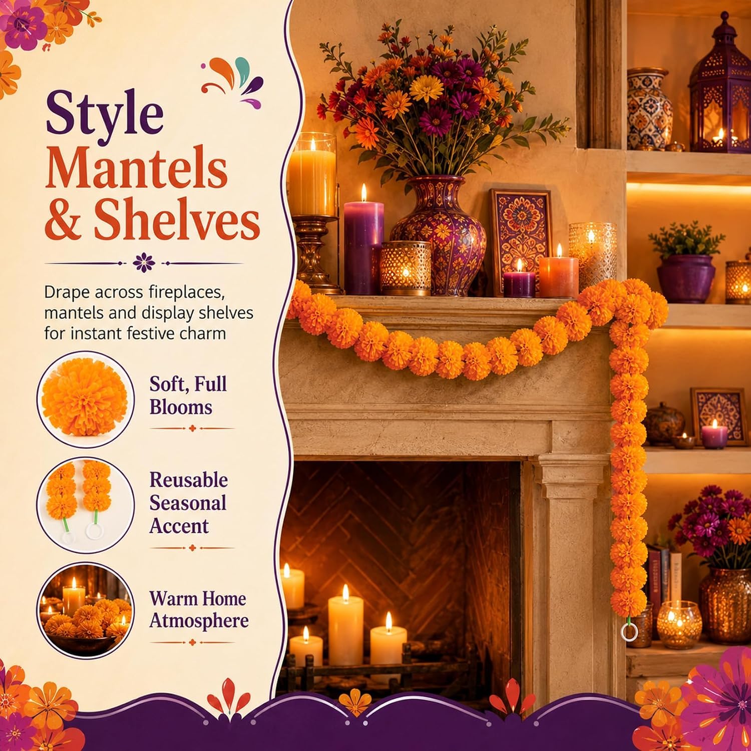 5 Piece Artificial Marigold Garland in Light Orange, Waterproof