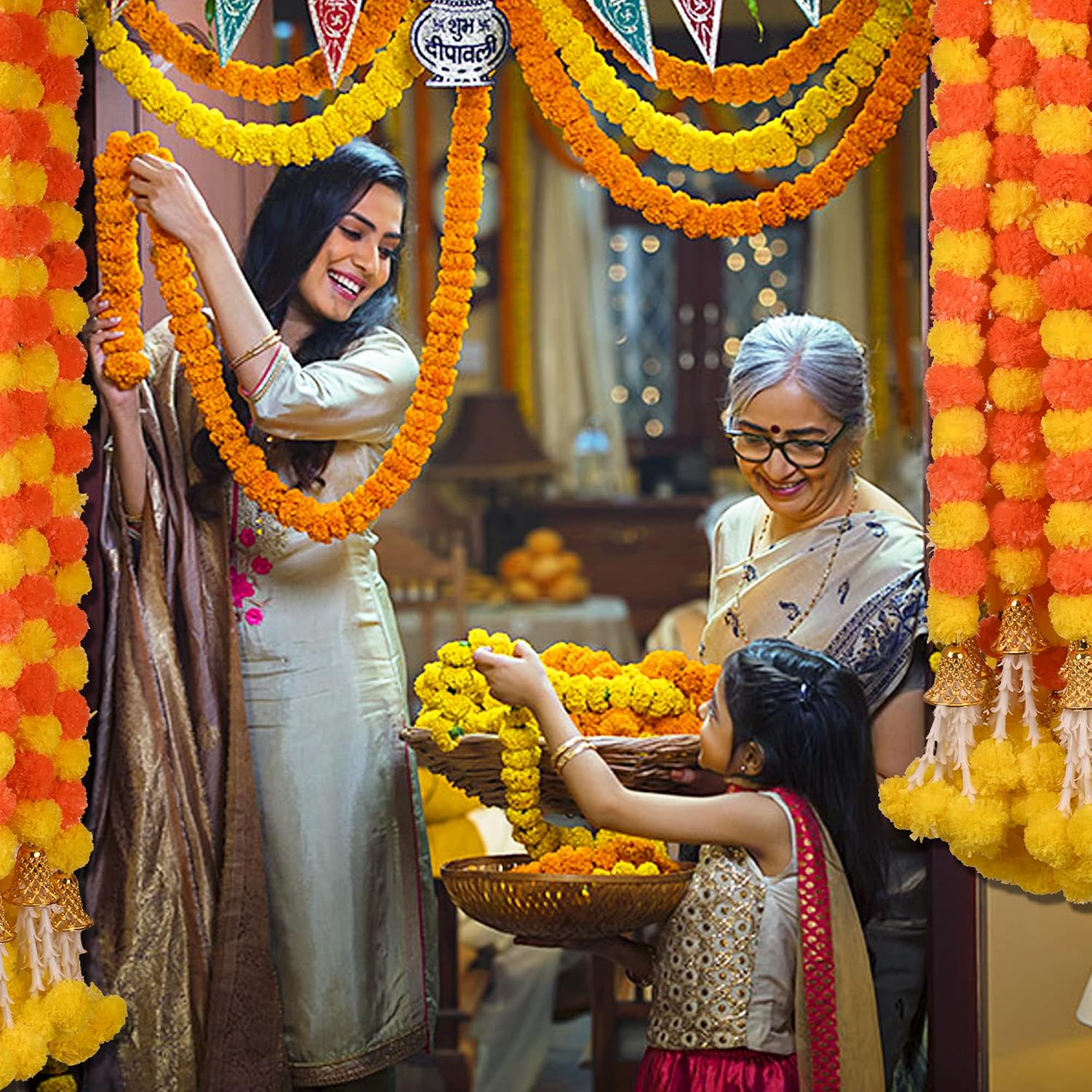 5 Piece Artificial Marigold Garland with Bells, 5 ft Strands