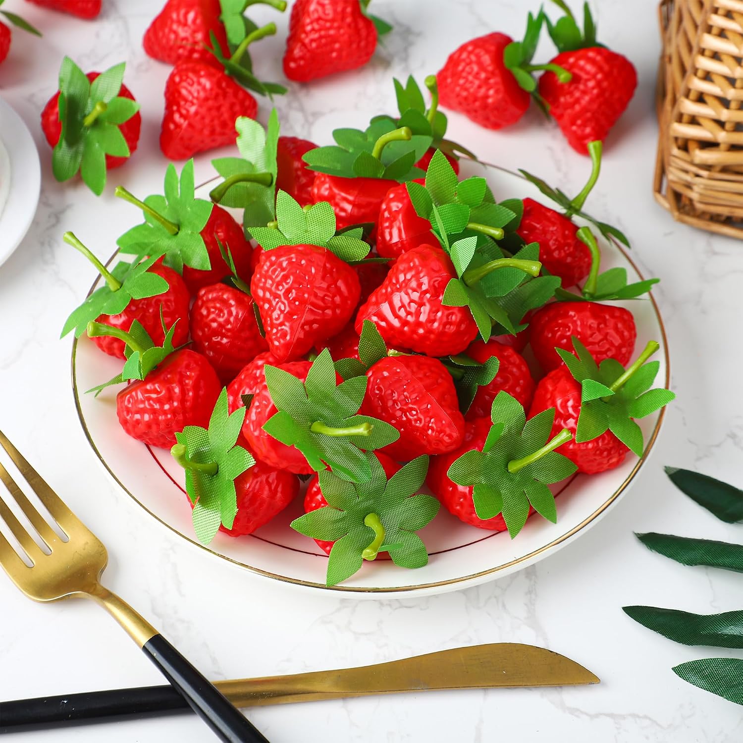 50 Piece Artificial Red Strawberries, Lifelike Decorative Fruit