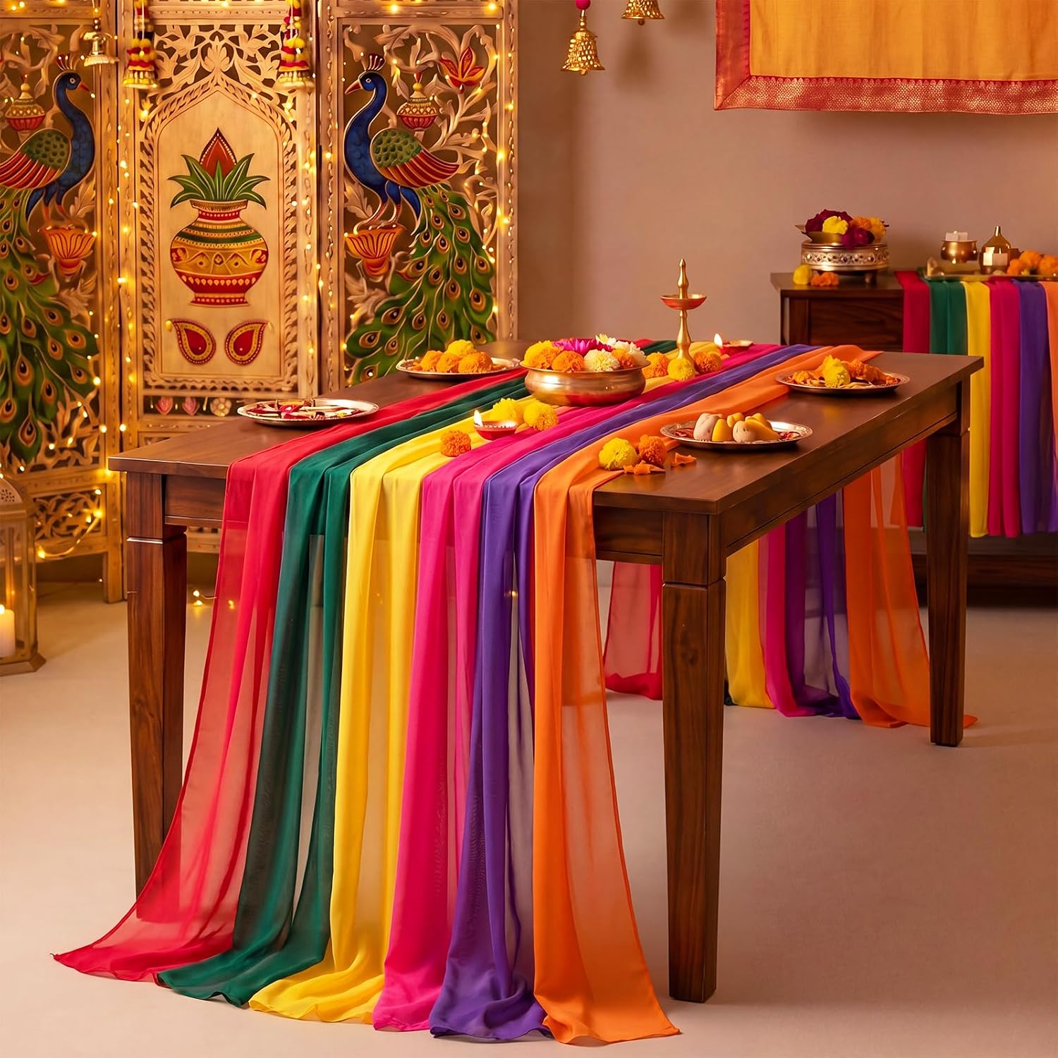 6 Piece Diwali Chiffon Table Runner Set, 0.98 x 9.8 ft