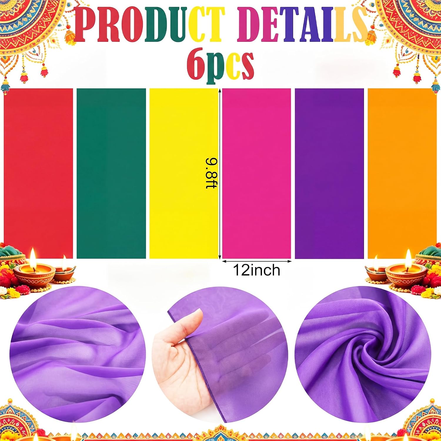 6 Piece Diwali Chiffon Table Runner Set, 0.98 x 9.8 ft