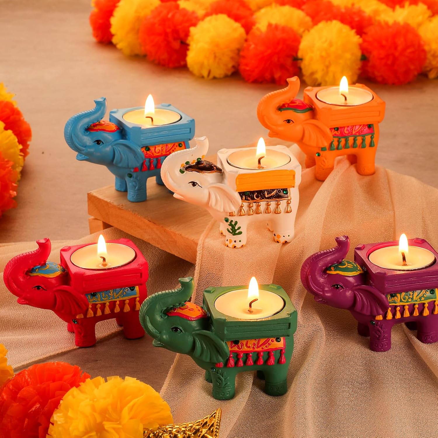 6 Piece Resin Elephant Tealight Holder Set for Pooja and Return Gifts
