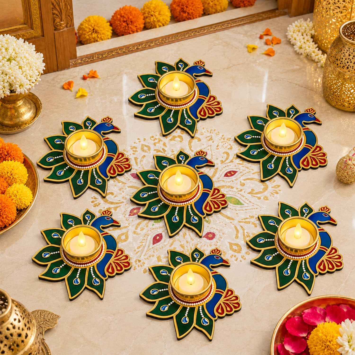 7 Piece Peacock Tealight Candle Holder Set in Wood and Metal