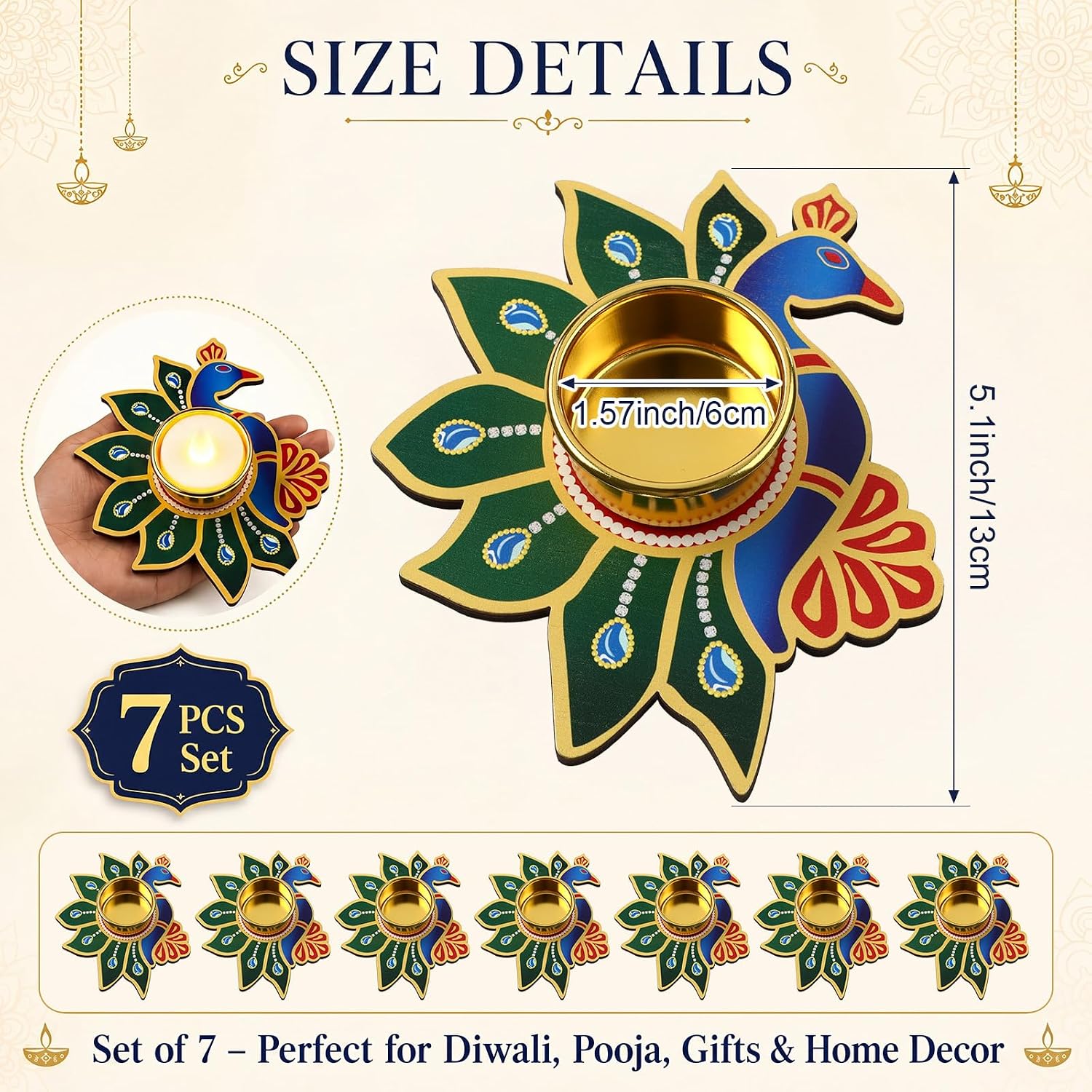 7 Piece Peacock Tealight Candle Holder Set in Wood and Metal