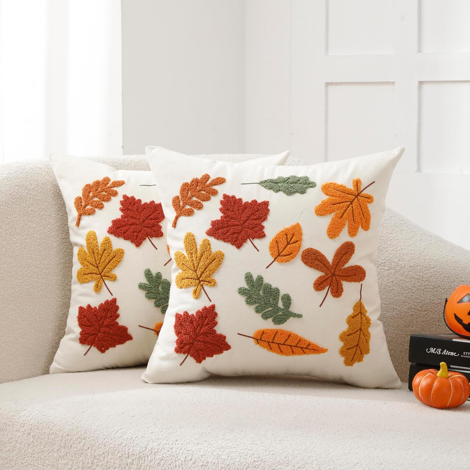 Autumn Embroidered Cushion Covers 18 x 18 Inch, Set of 2