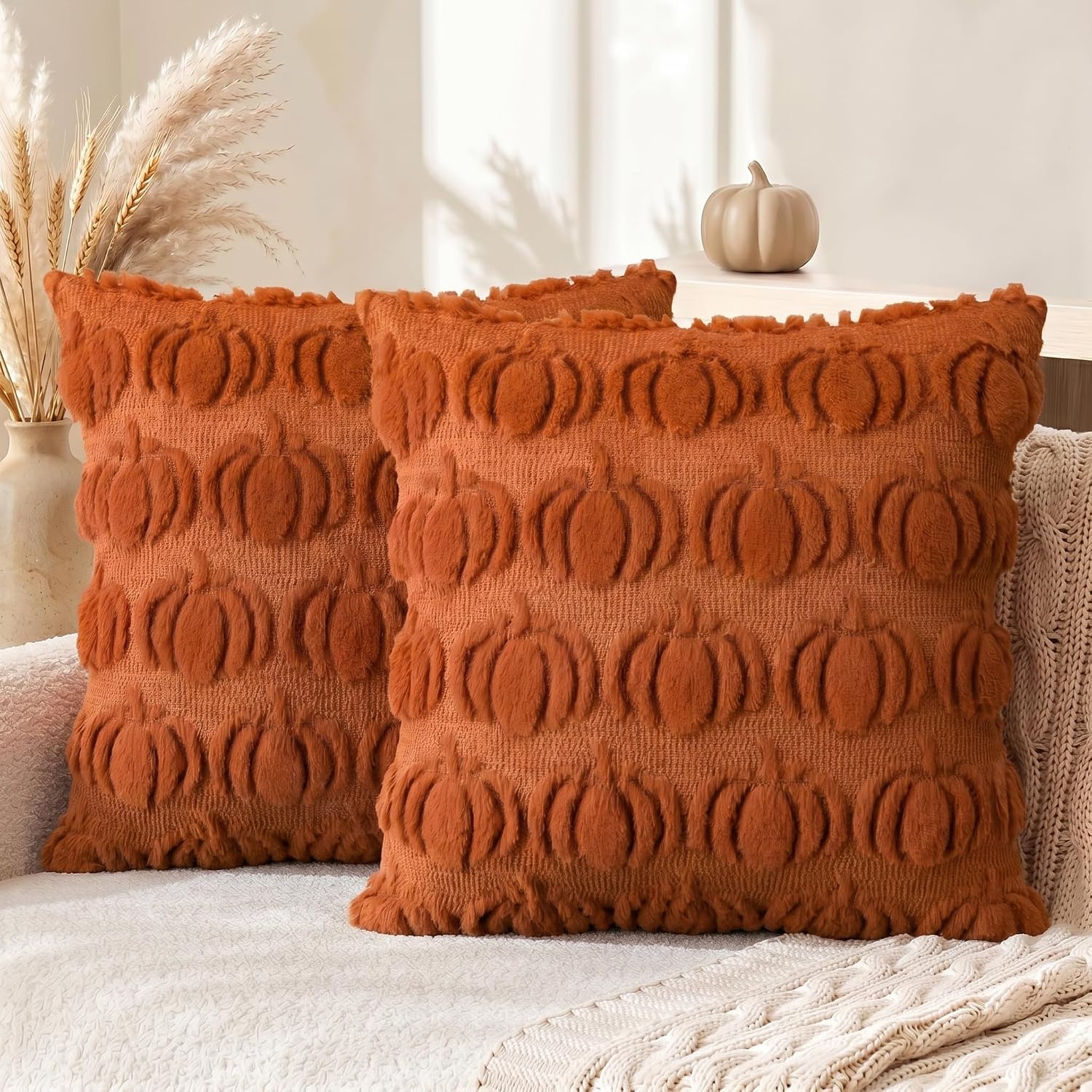 Autumn Pumpkin Cushion Covers 18 x 18 Inch in Caramel Faux Fur