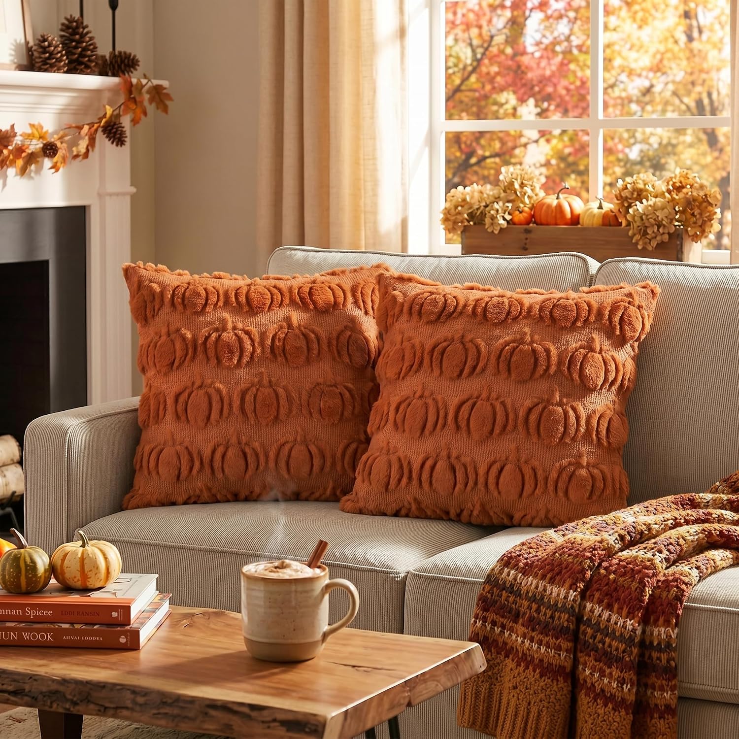 Autumn Pumpkin Cushion Covers 18 x 18 Inch in Caramel Faux Fur