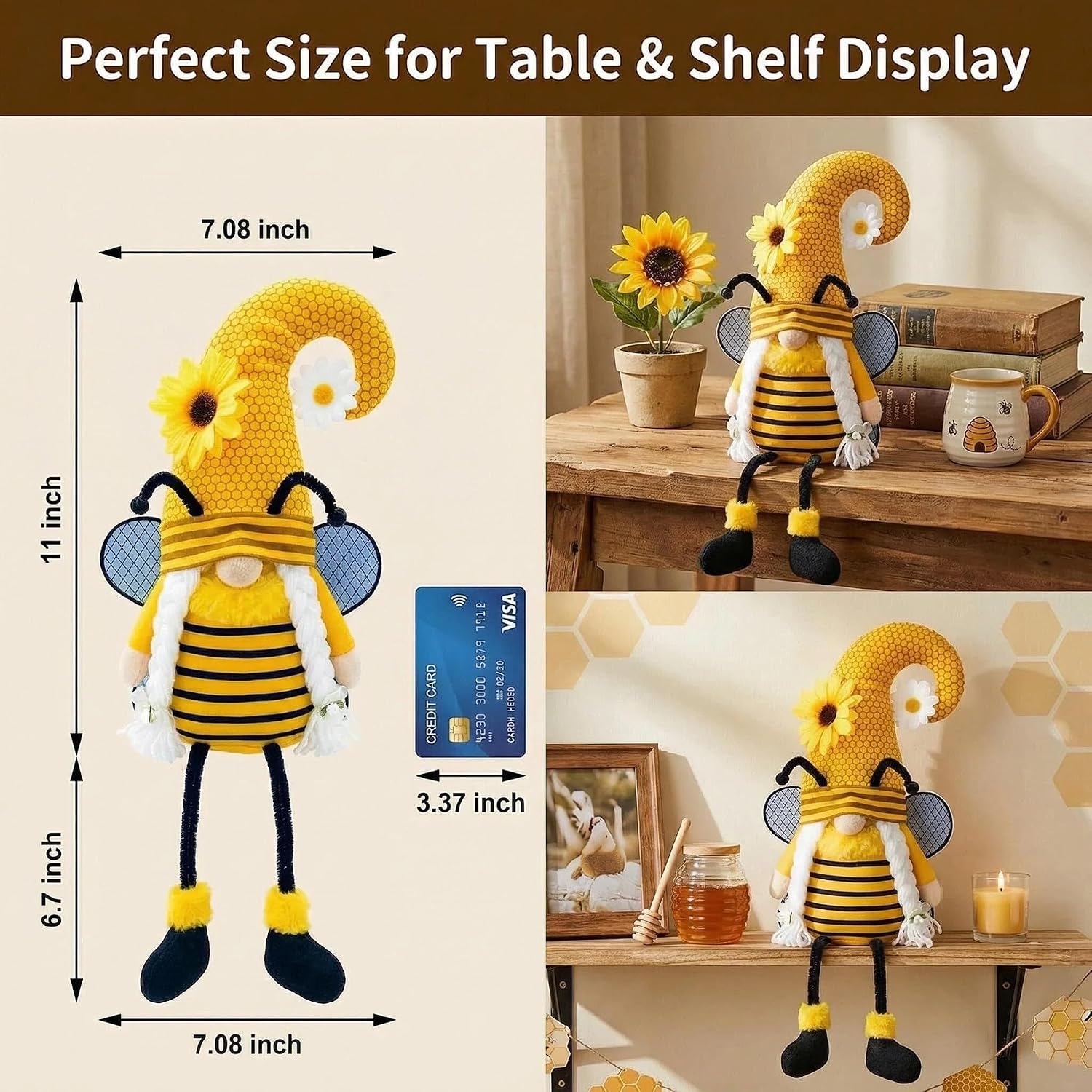 Bee Gnome Sitters with Sunflowers, Seasonal Shelf Decoration
