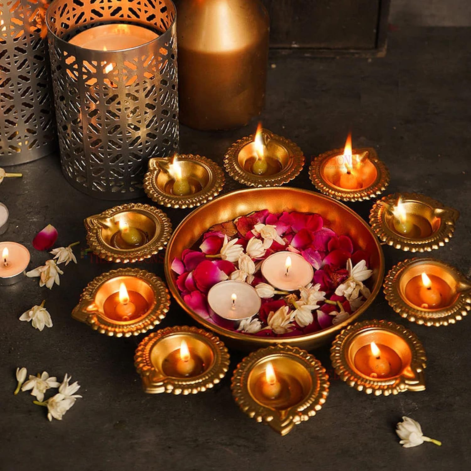 Diya Shaped Metal Urli Bowl in Gold for Floating Flowers and Tealights