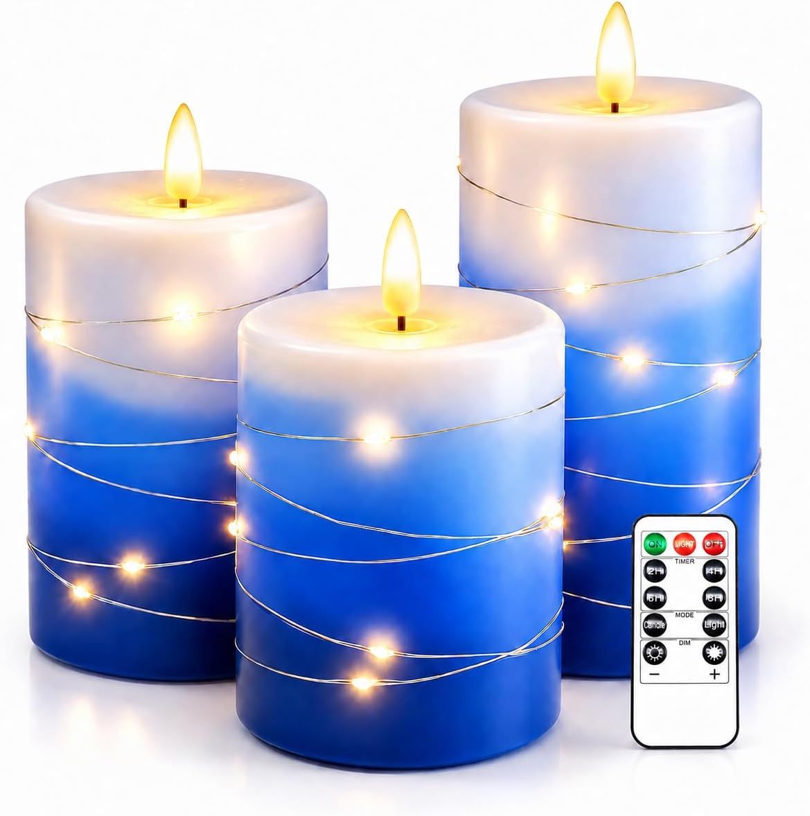Flameless LED Candles with Fairy Lights, Blue Wax, Remote and Timer, 3 Pack
