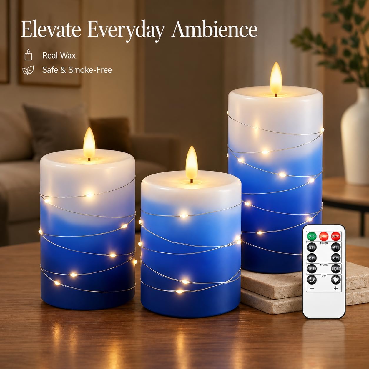 Flameless LED Candles with Fairy Lights, Blue Wax, Remote and Timer, 3 Pack