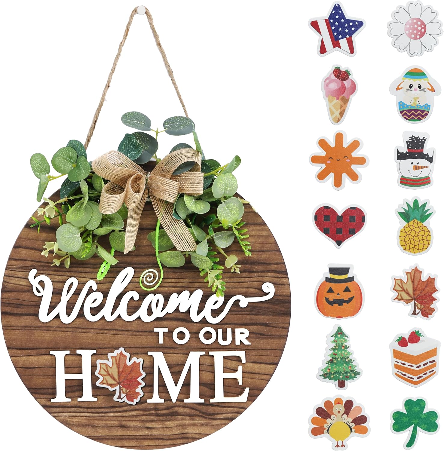 Interchangeable Rustic Wood Welcome Sign with Seasonal Wreaths