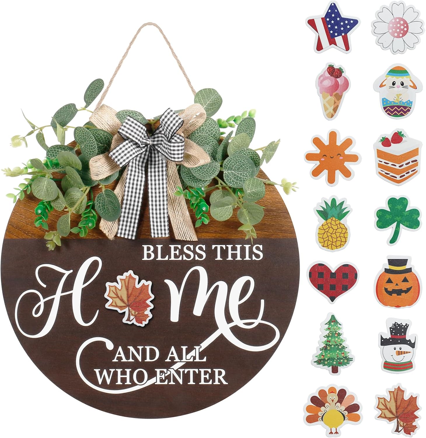 Interchangeable Welcome Sign for Front Door, Round Wood Wreath