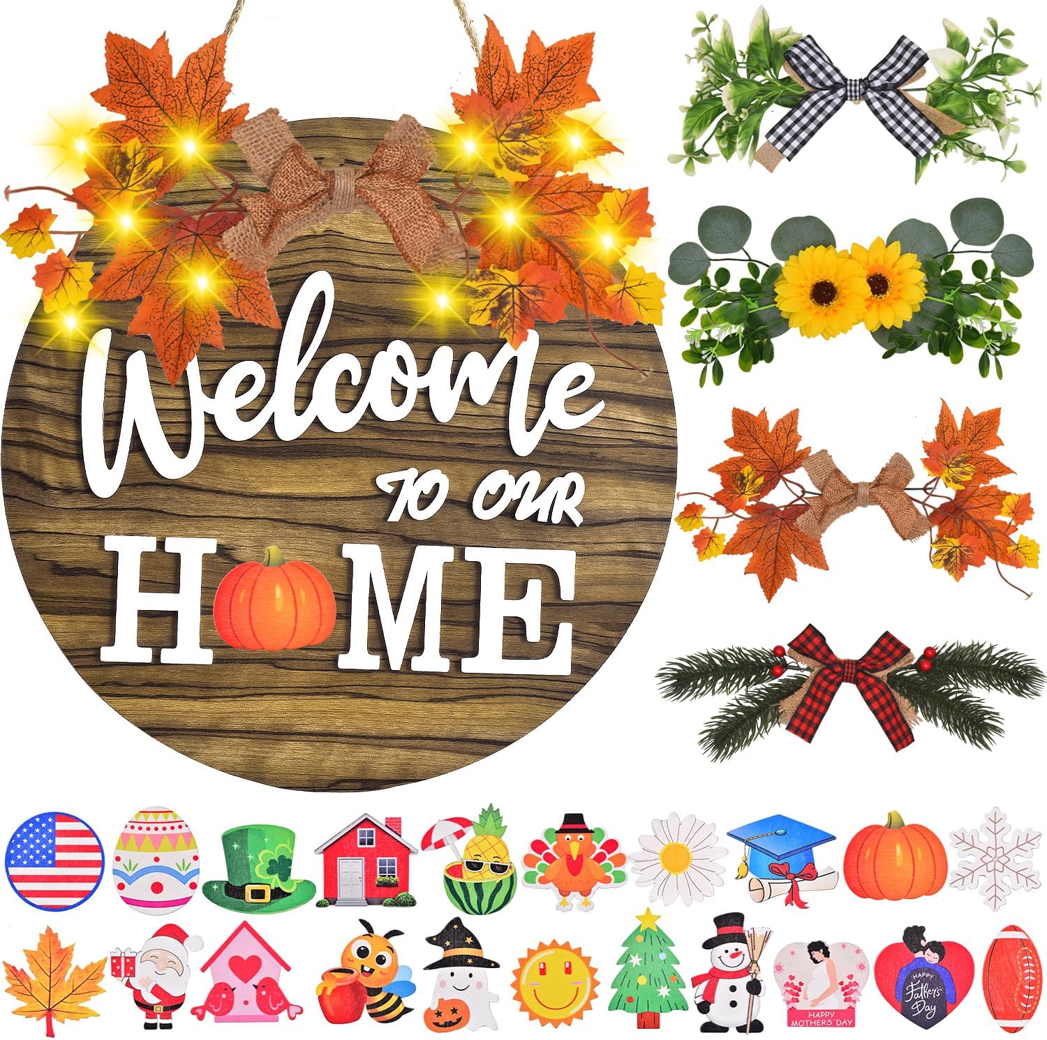 Interchangeable Welcome Sign with 4 Wreaths and 21 Changeable Icons