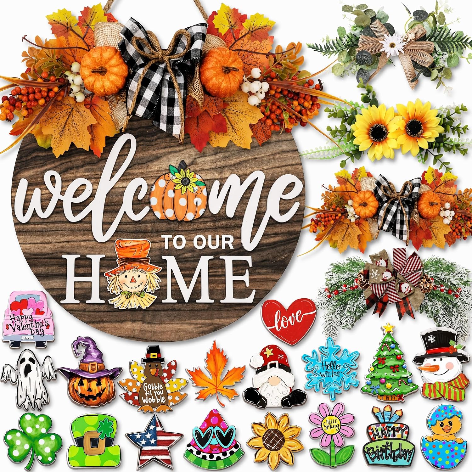 Interchangeable Welcome Sign with 4 Wreaths and 21 Icons, Rustic Wood