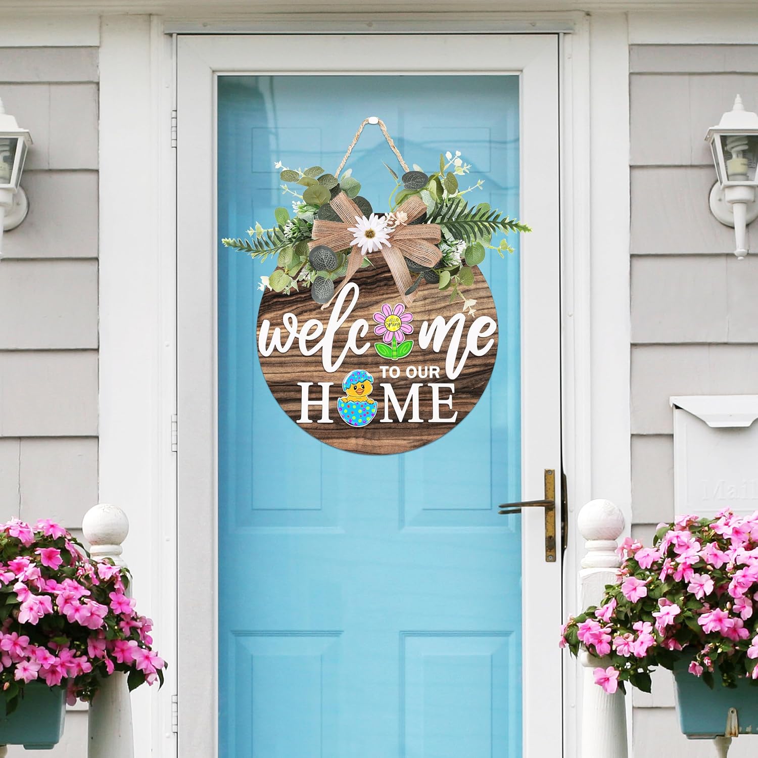 Interchangeable Welcome Sign with 4 Wreaths and 21 Icons, Rustic Wood