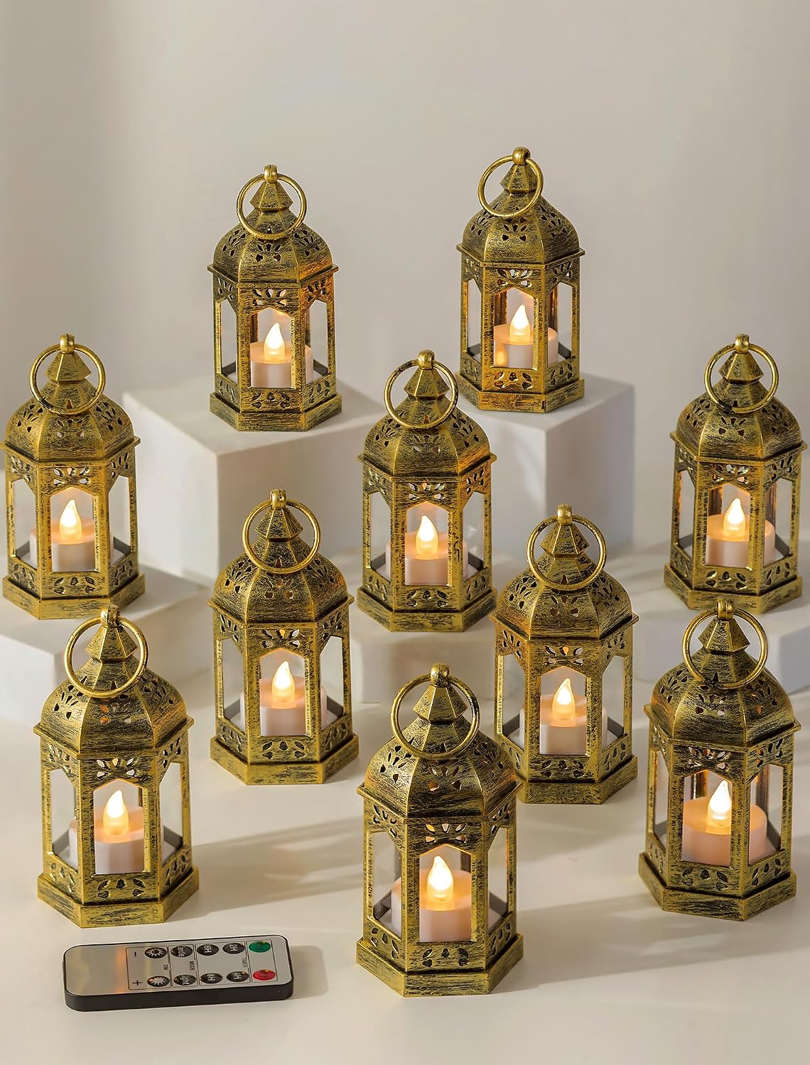 Pack of 10 Vintage Gold Mini Lanterns with Flickering LED and Remote