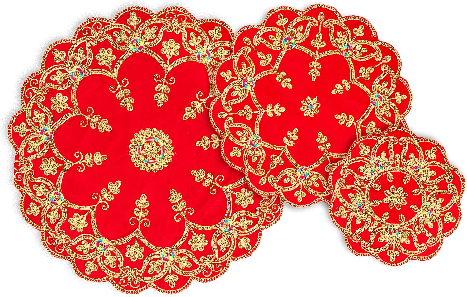 Set of 3 Red Velvet Pooja Asan, Round Cloth Mat for Idol Seating