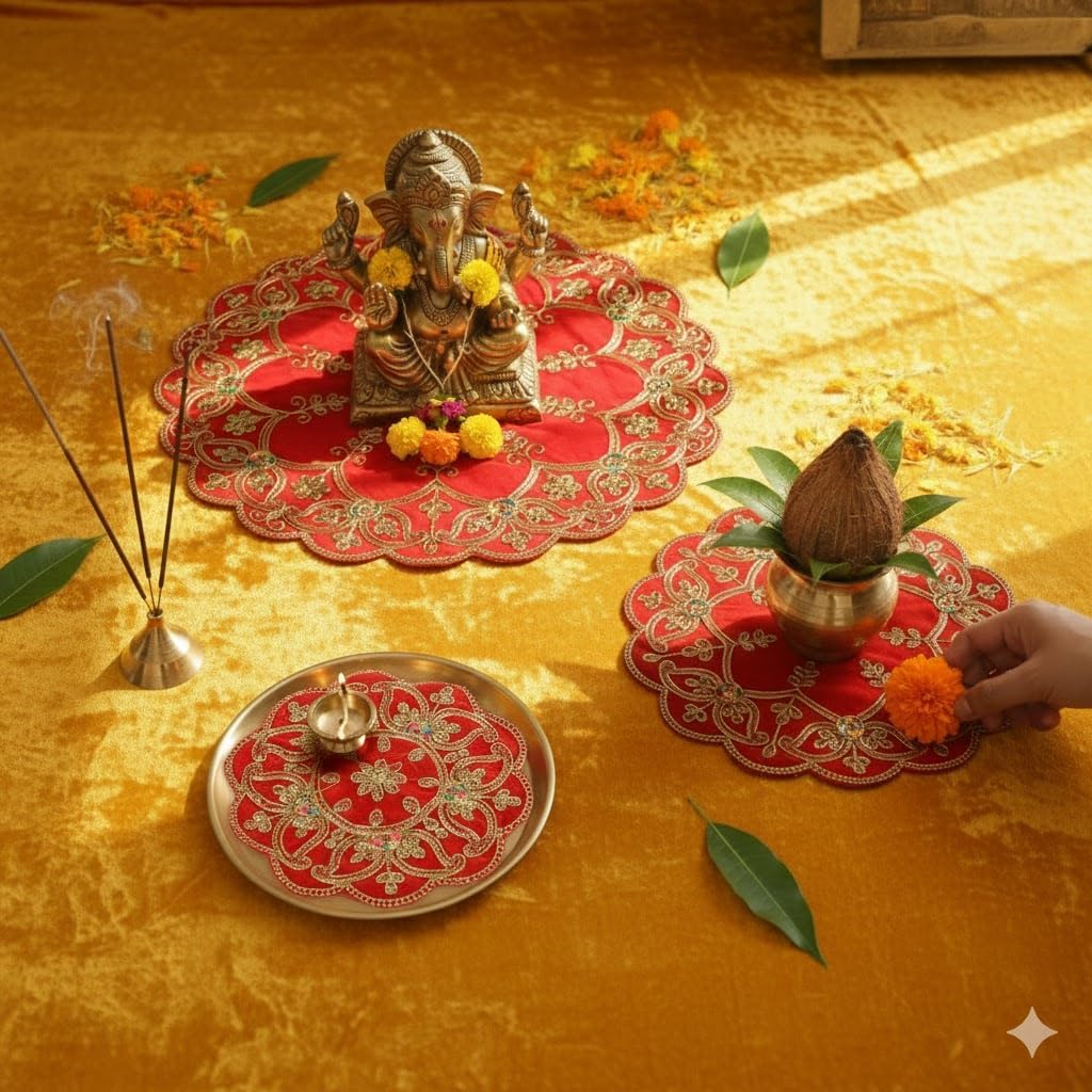 Set of 3 Red Velvet Pooja Asan, Round Cloth Mat for Idol Seating