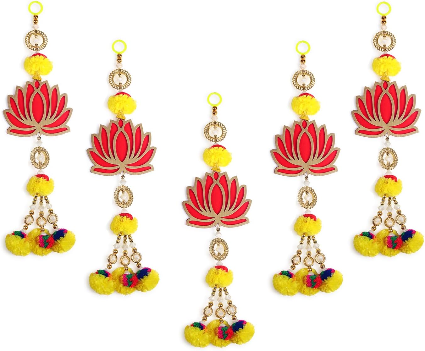 Set of 5 Lotus and Marigold Latkan Wall Hangings for Pooja Room