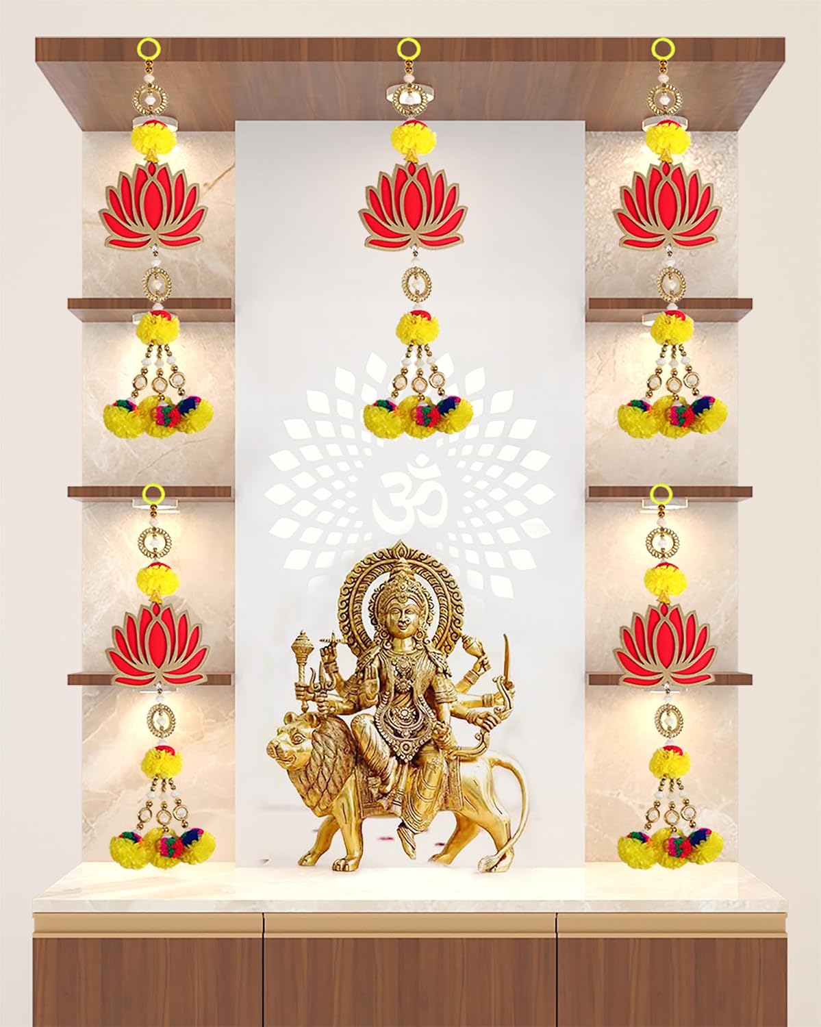 Set of 5 Lotus and Marigold Latkan Wall Hangings for Pooja Room
