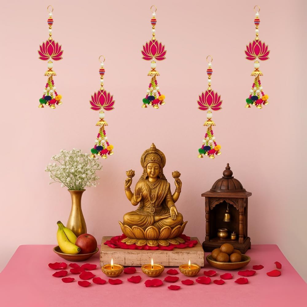 Set of 5 Lotus Latkan Wall Hangings for Diwali and Temple Decor