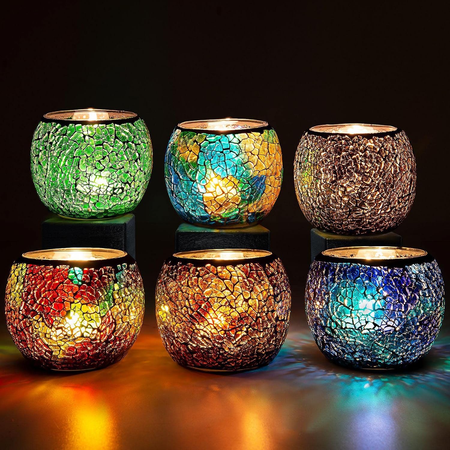 Set of 6 Stained Mosaic Glass Votive Tealight Candle Holders