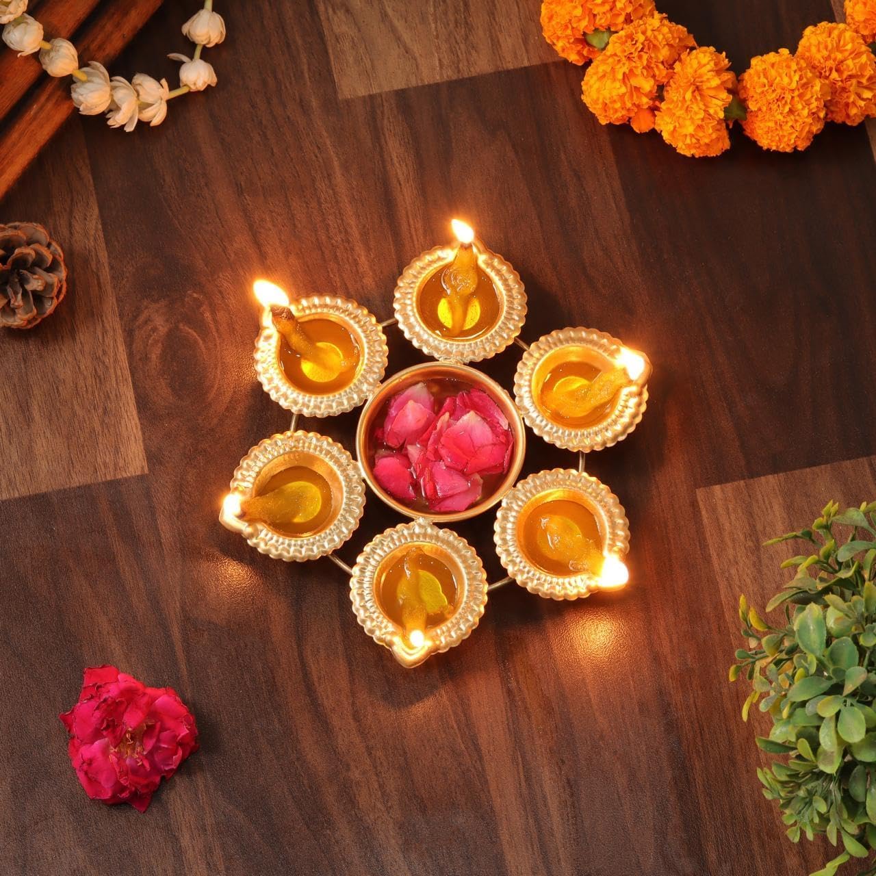 Small Metal Urli Bowl with Diya, Handcrafted Floating Flower Bowl